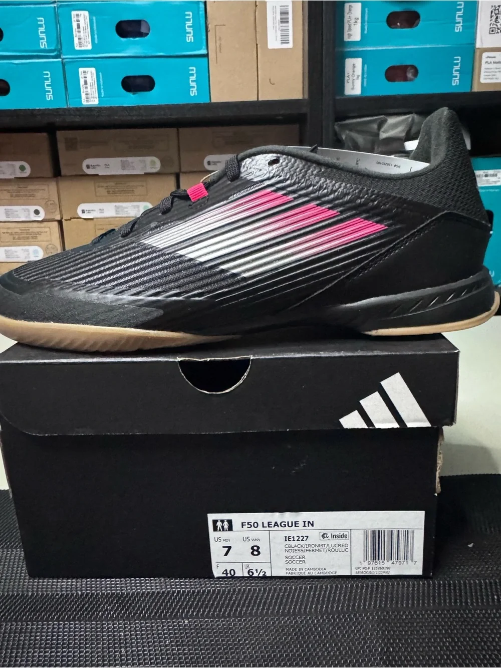 adidas Kids Black Indoor Soccer Sneakers with Pink and White Stripes